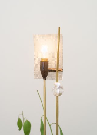 Detail of an ikebana lamp with light bulb attached to a brass rod and leaves visible under the light