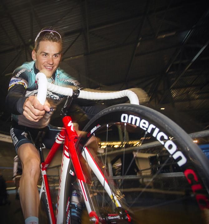 Zdenek Stybar pops a wheelie on his track bike.