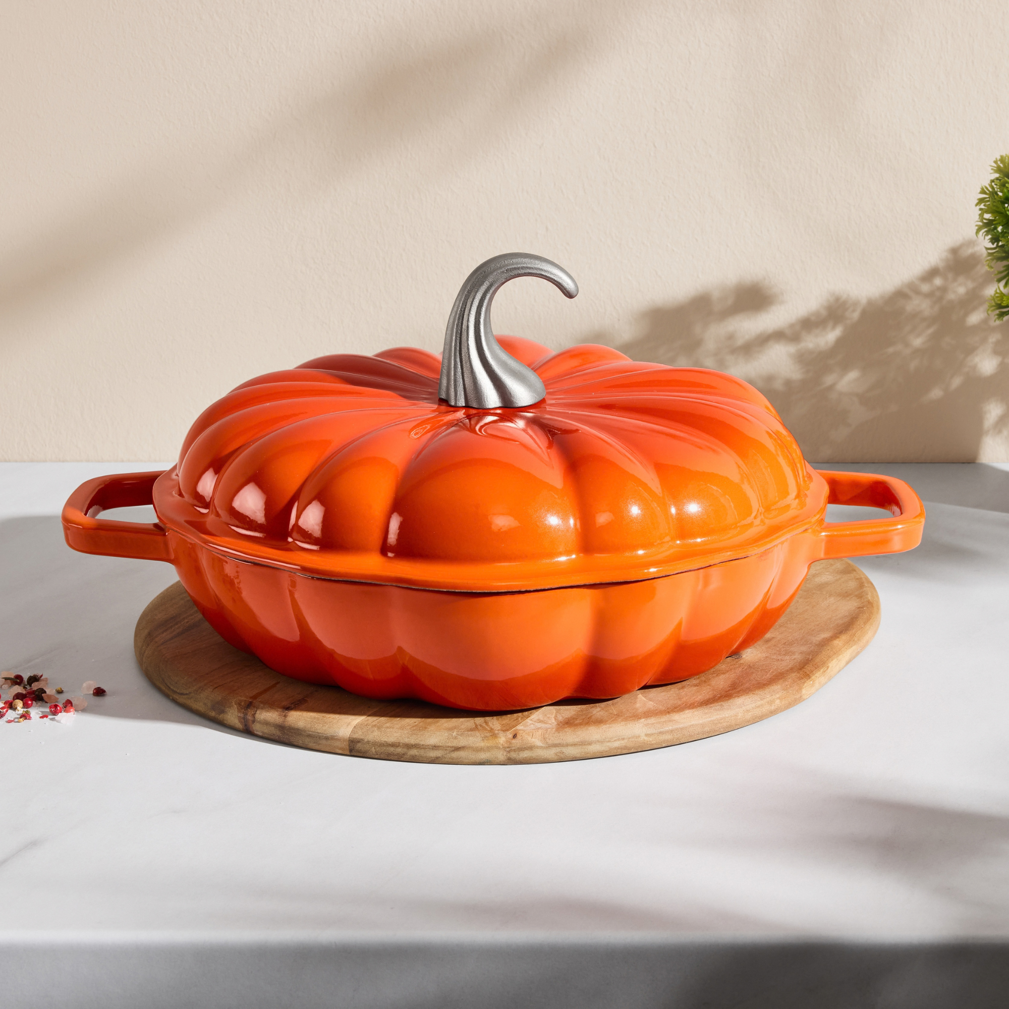Lidl Pumpkin cast iron casserole on kitchen worktop.