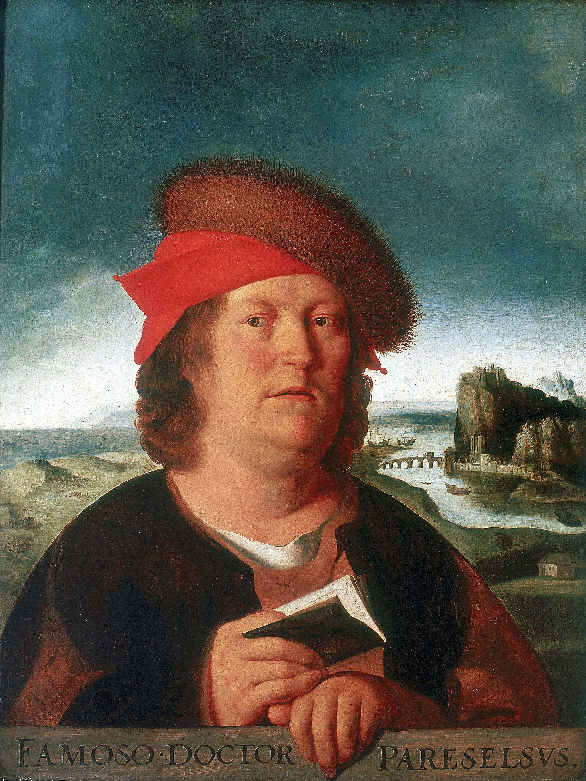 A painting of a man wearing a red hat holding a small book
