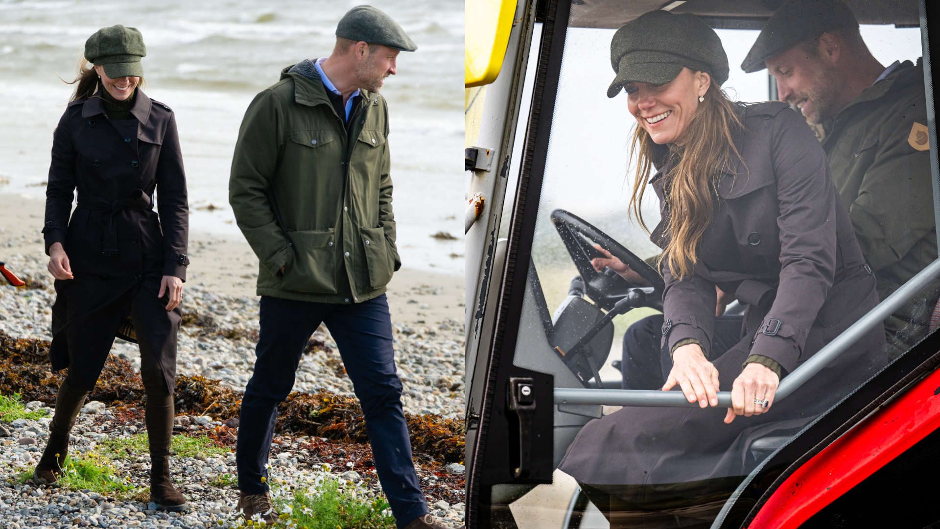 Princess Kate and Prince William walking on a beach in flat caps and coats; Prince William and Princess Kate riding in a tractor