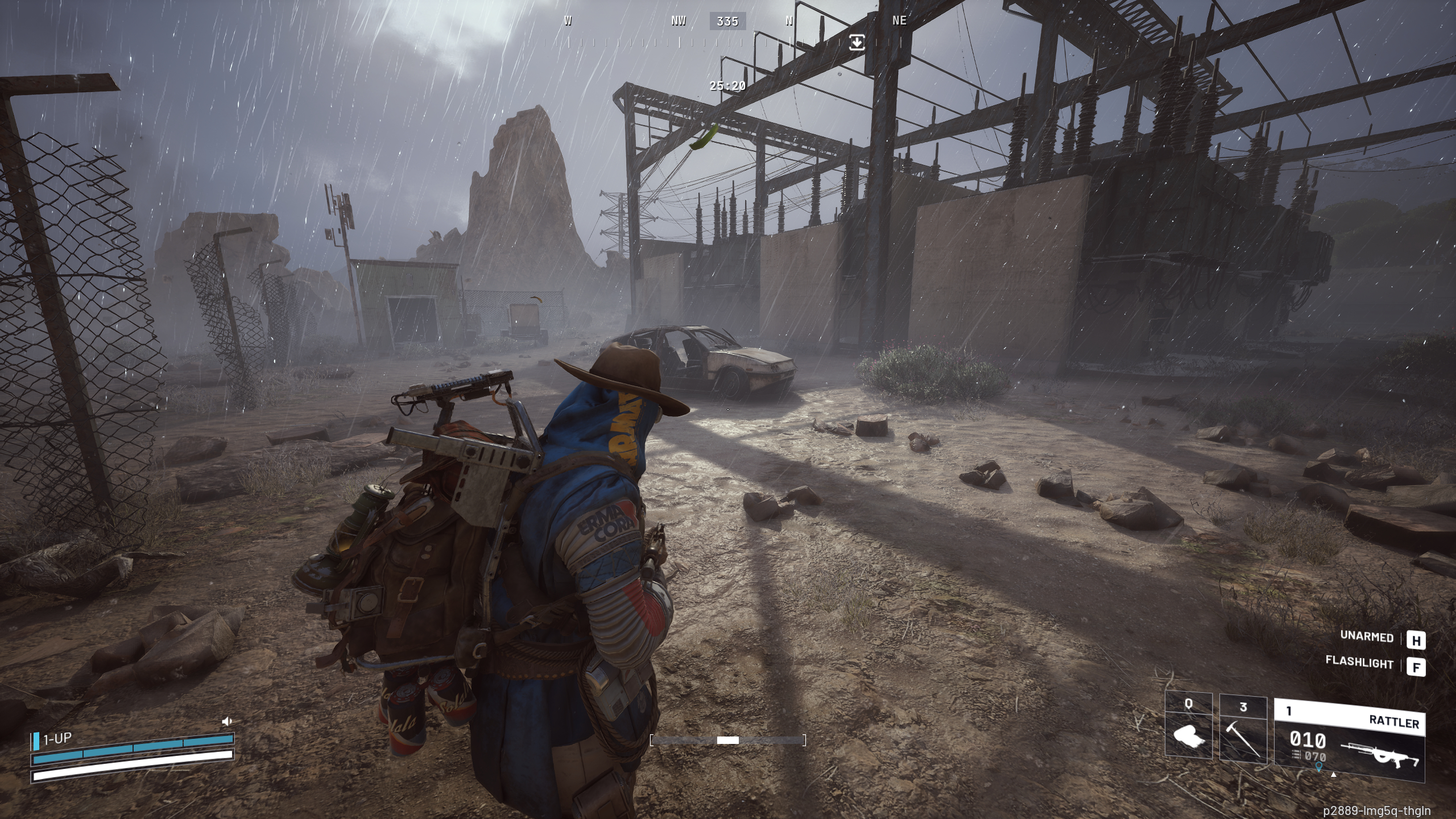 Arc Raiders light bulb locations: A player wearing a blue poncho and a cowboy hat walking towards a rusted car in the rain outside an abandoned power facility.