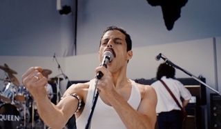 Rami Malek as Freddie Mercury in Queen at Live Aid in Bohemian Rhapsody