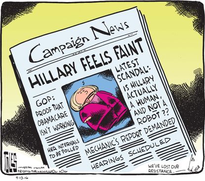 Political cartoon U.S. 2016 election Hillary Clinton feels faint