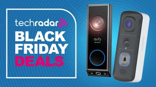 Two video doorbells on blue background with text reading 'TechRadar Black Friday deals'