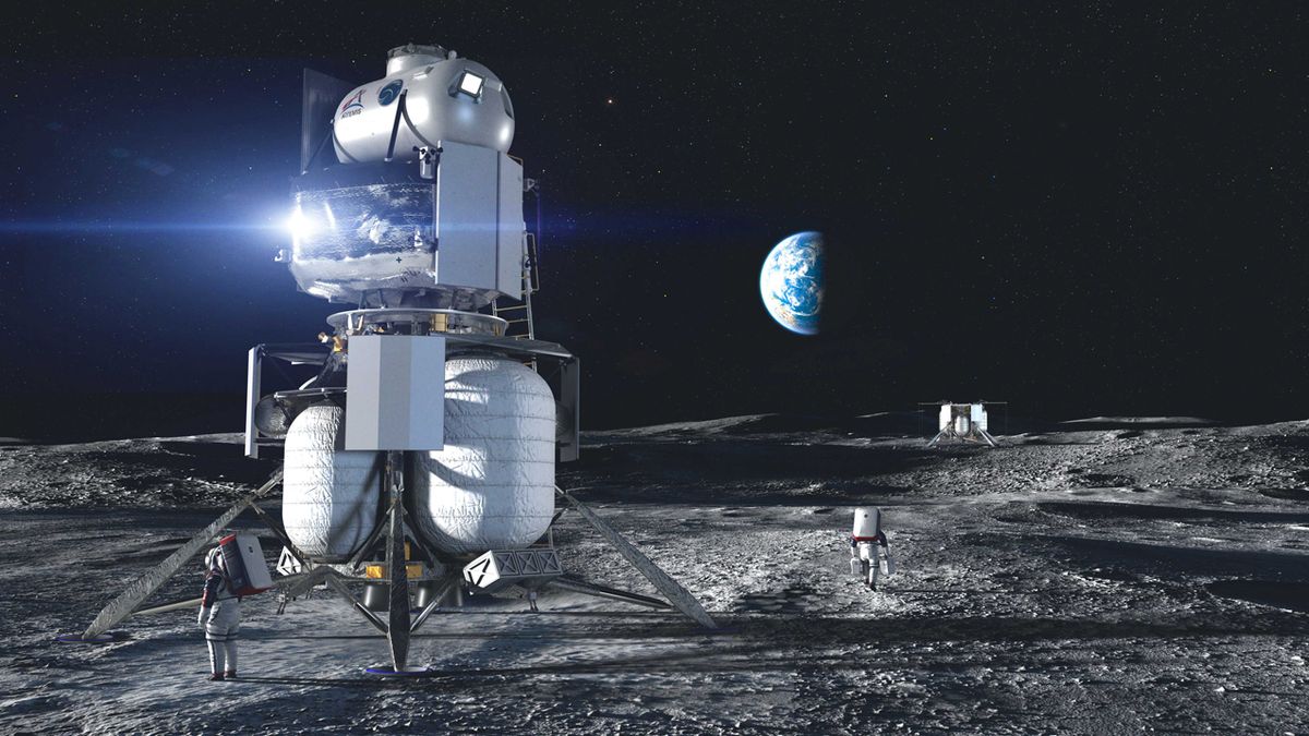 This Artemis moon lander concept from the Blue Origin-led National Team includes systems by team partners Lockheed Martin, Northrop Grumman and Draper.