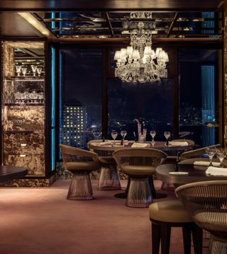 cristal room restaurant interior at night with crystal chandelier