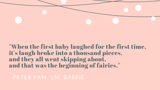 A children's book quote from Peter Pan by J.M. Barrie on a pale pink background with fairy lights.