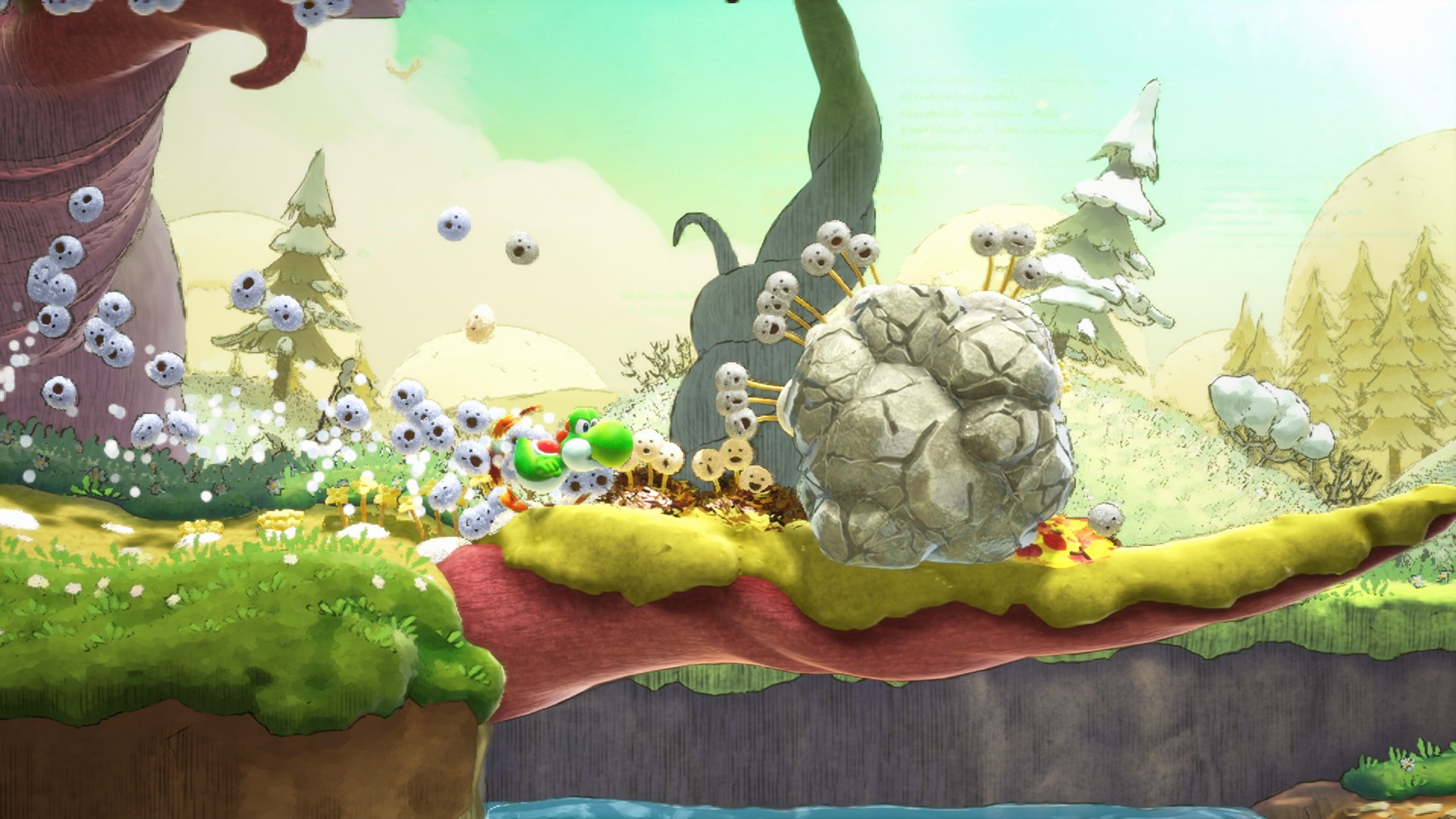 Yoshi approaches a big rock in Yoshi and the Mysterious Book