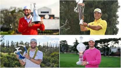 A four-image grid of Scottie Scheffler (top left), Hideki Matsuyama (top right), Wyndham Clark (bottom right), and Chris Kirk (bottom left) with their Signature Event trophies