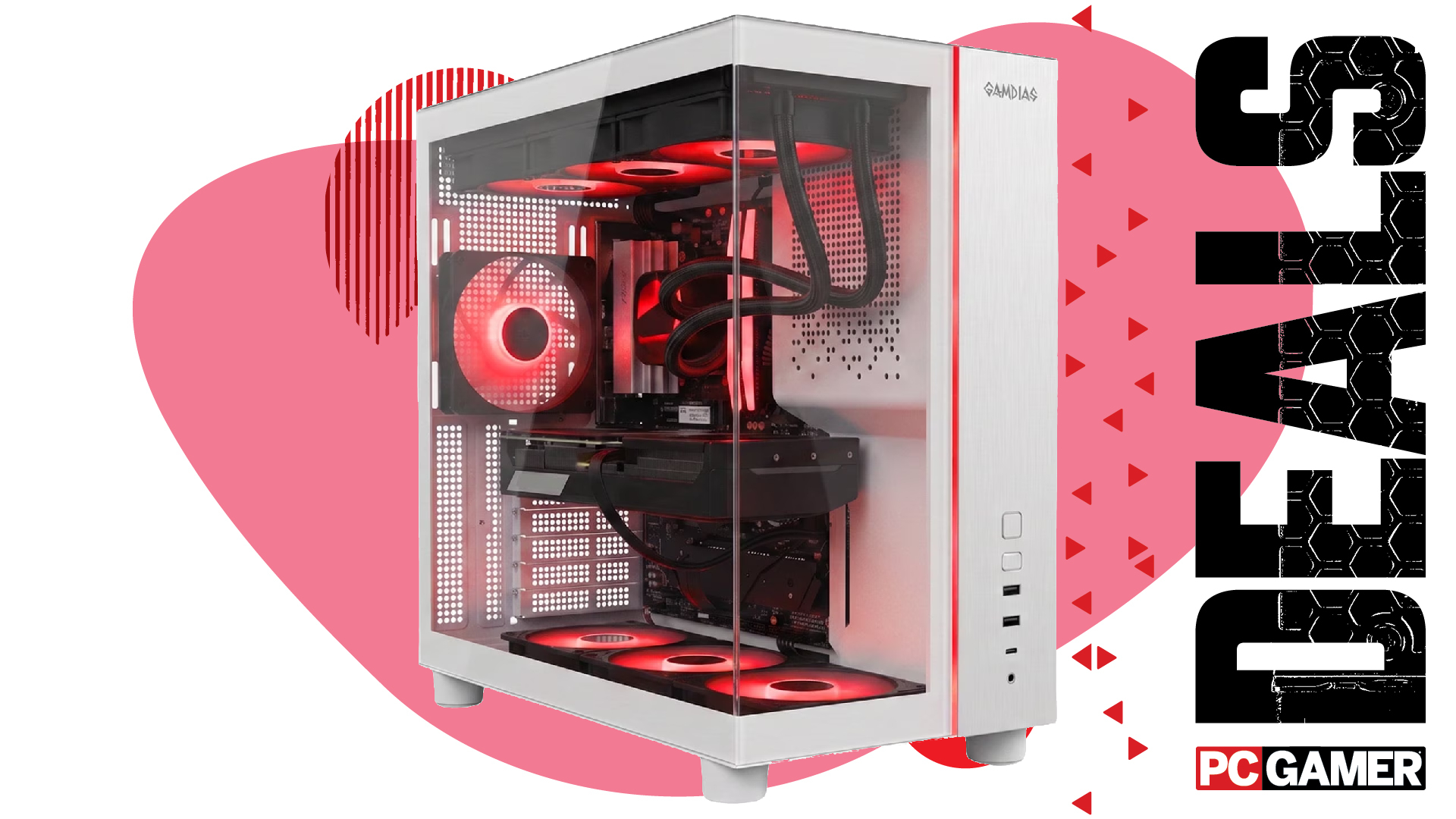 A Skytech gaming PC on a custom PC Gamer Deals background.
