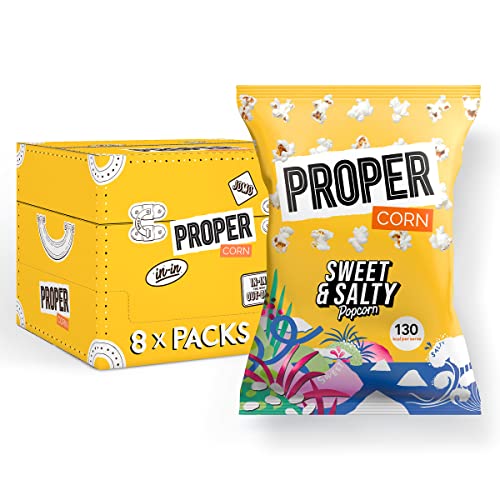 Proper Sweet &amp;amp; Salty Popcorn, 90g X 8, Sharing Bags, Natural Sea Salt and Demerara Sugar Seasoning, Vegetarian &amp;amp; Gluten-Free, 135 Kcal Per Portion