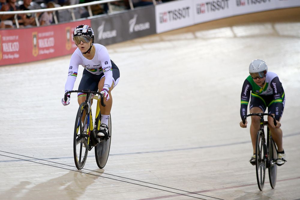 Kristina Vogel of Germany (L) wins the Womens Sprint Final against Stephanie Morton of Australia
