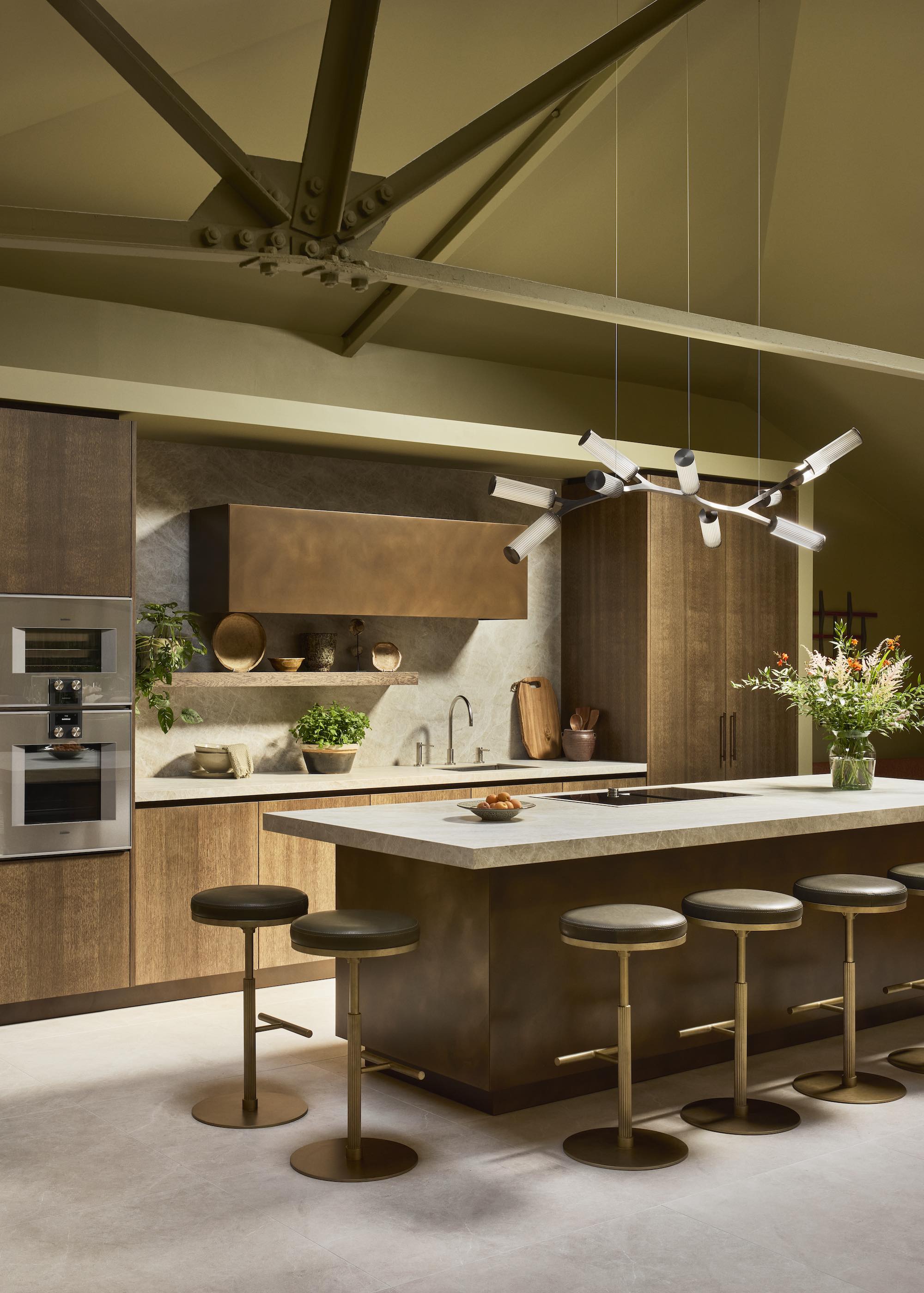 wood kitchen with island and white surfaces
