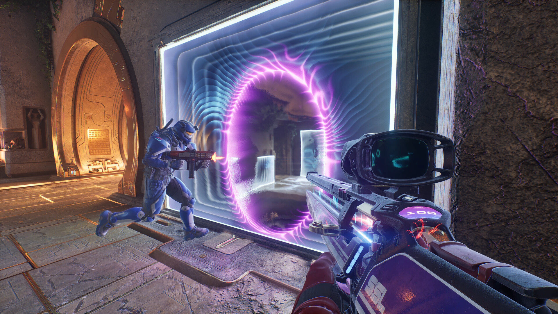 An official gameplay screenshot of Splitgate: Arena Reloaded.