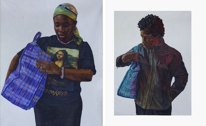 oil paintings of a Black figures holding Ghana Must Go bag, by artist Abdur Rahman Muhammad