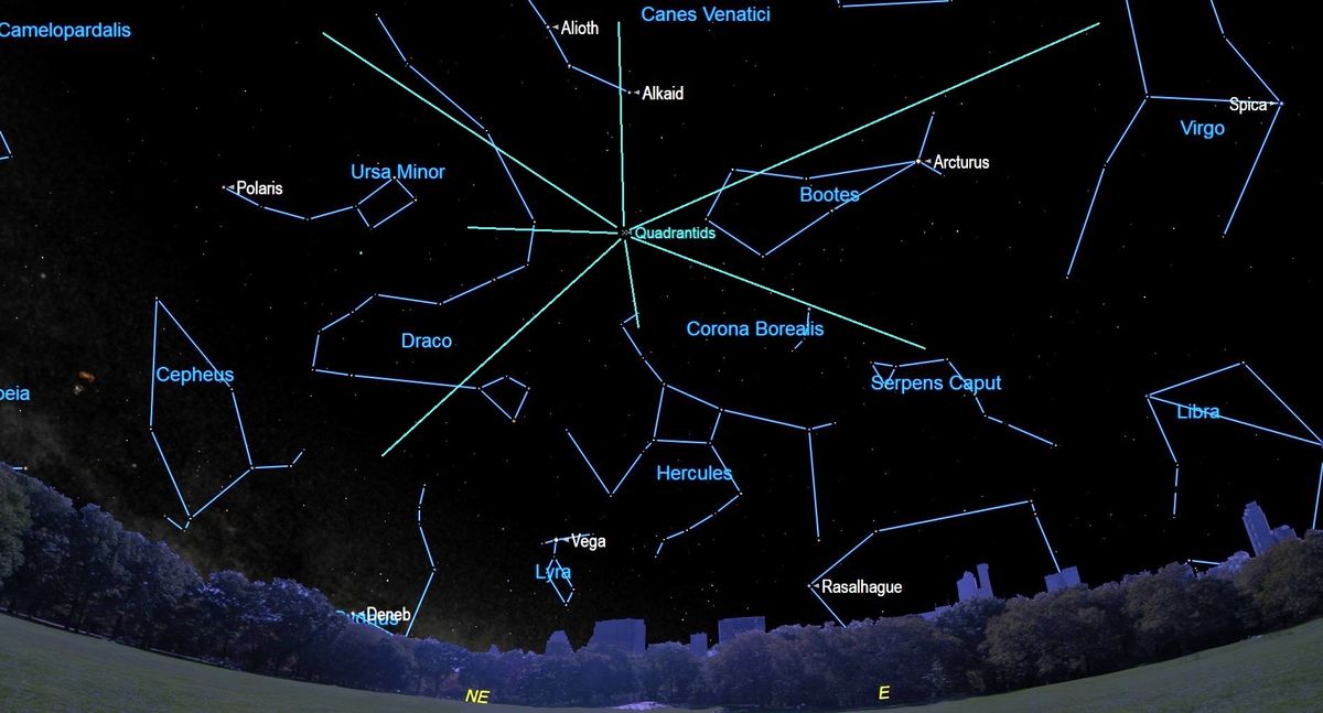 This sky map shows the location of the Quadrantid meteor shower radiant at its peak on Jan. 3, 2022.