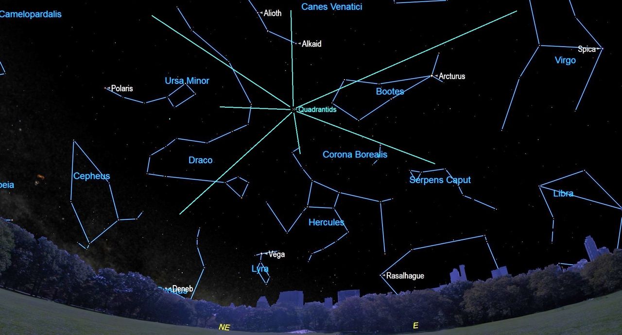 This sky map shows the location of the Quadrantid meteor shower radiant at its peak on Jan. 3, 2022.
