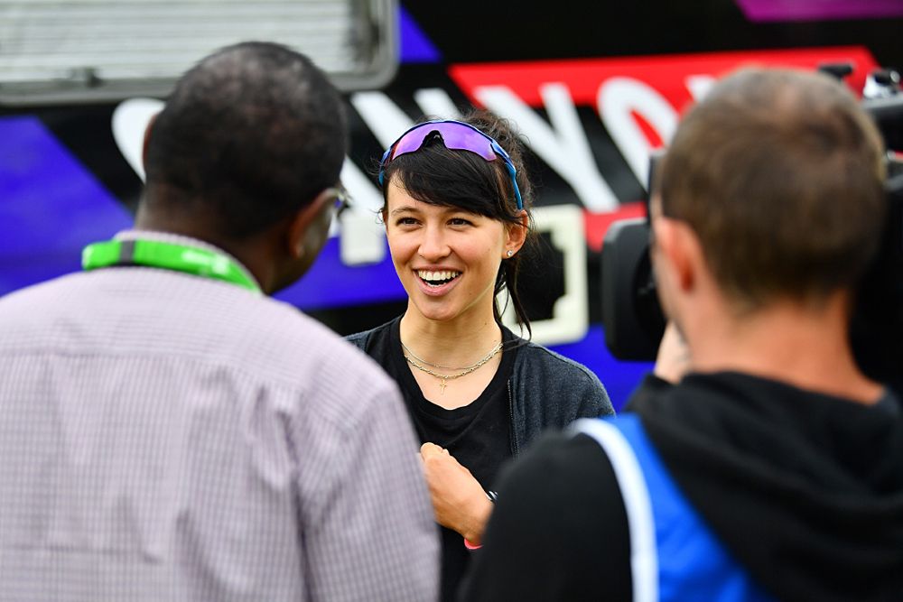 Kasia Niewiadoma (Canyon-Sram) at the Jolien D'hoore's bike with a pink ribbon tied to the saddle for breast cancer campaign - OVO Enery Women's Tour stage 1 start