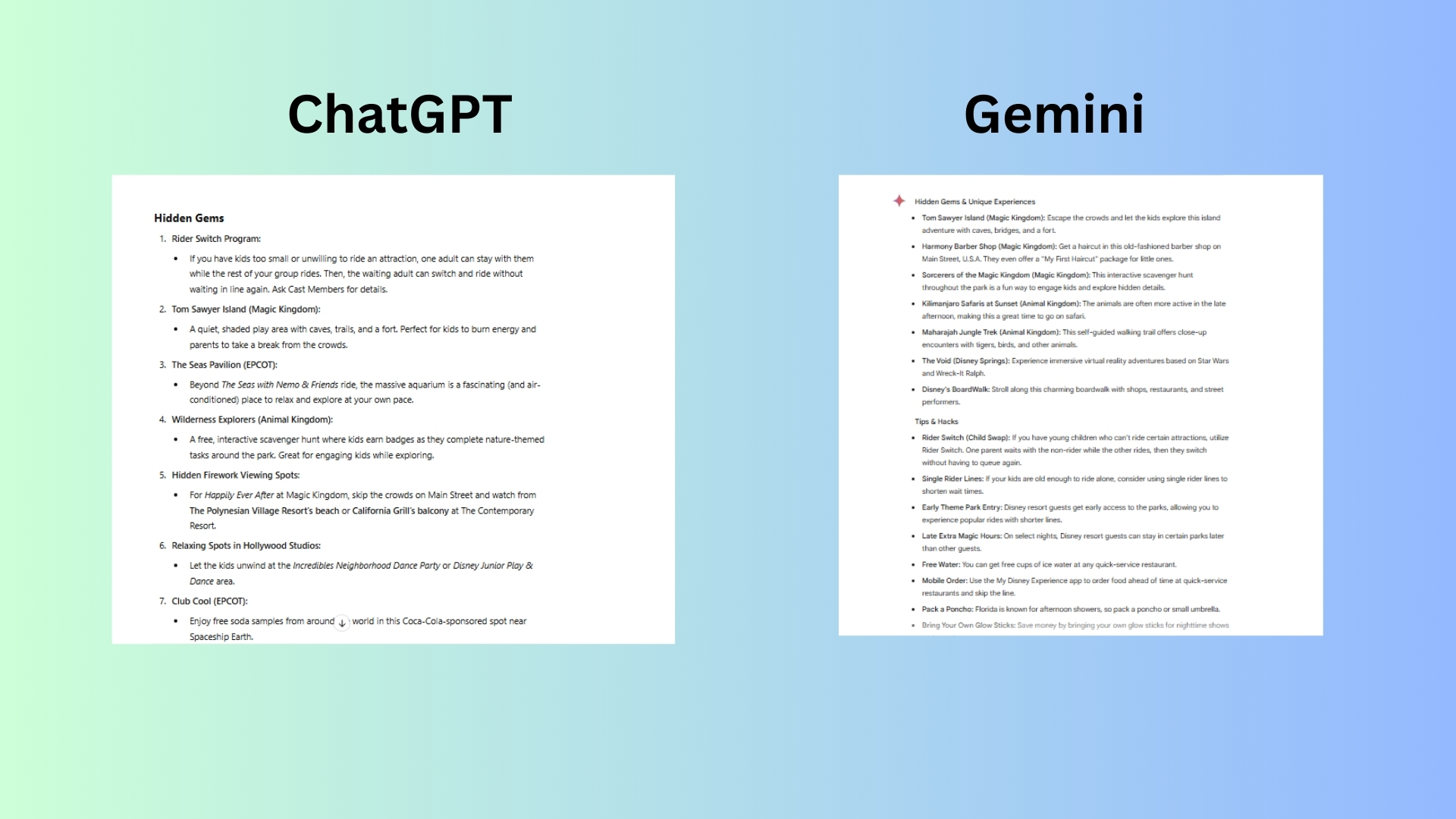 ChatGPT vs. Gemini Disney vacation screenshot