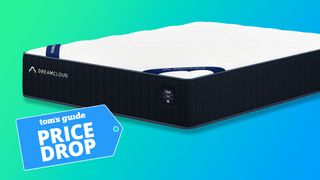 The DreamCloud Classic Hybrid Mattress against a green and blue background, a Tom's Guide Price Drop deals graphic in the bottom left corner