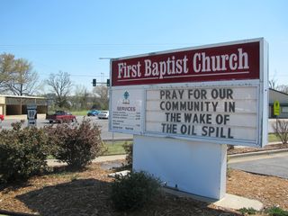 Sign in front of First Baptist Church in central Mayflower.