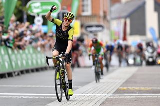 Cameron Meyer (Mitchelton-Scott) wins breakaway sprint during stage 2 in Barnstaple