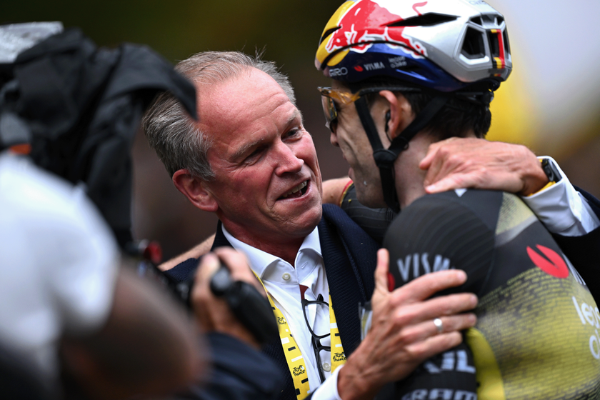 PARIS - CHAMPS-ELYSEES, FRANCE - JULY 27: Stage winner Wout Van Aert of Belgium and Team Visma | Lease a Bike (R) celebrate with the team manager, Richard Plugge (L) after the 112th Tour de France 2025, Stage 21 a 132.3km stage from Mantes-la-Ville to Paris - Champs-Elysees / #UCIWT / on July 27, 2025 in Paris - Champs-Elysees, France. (Photo by Tim de Waele/Getty Images)