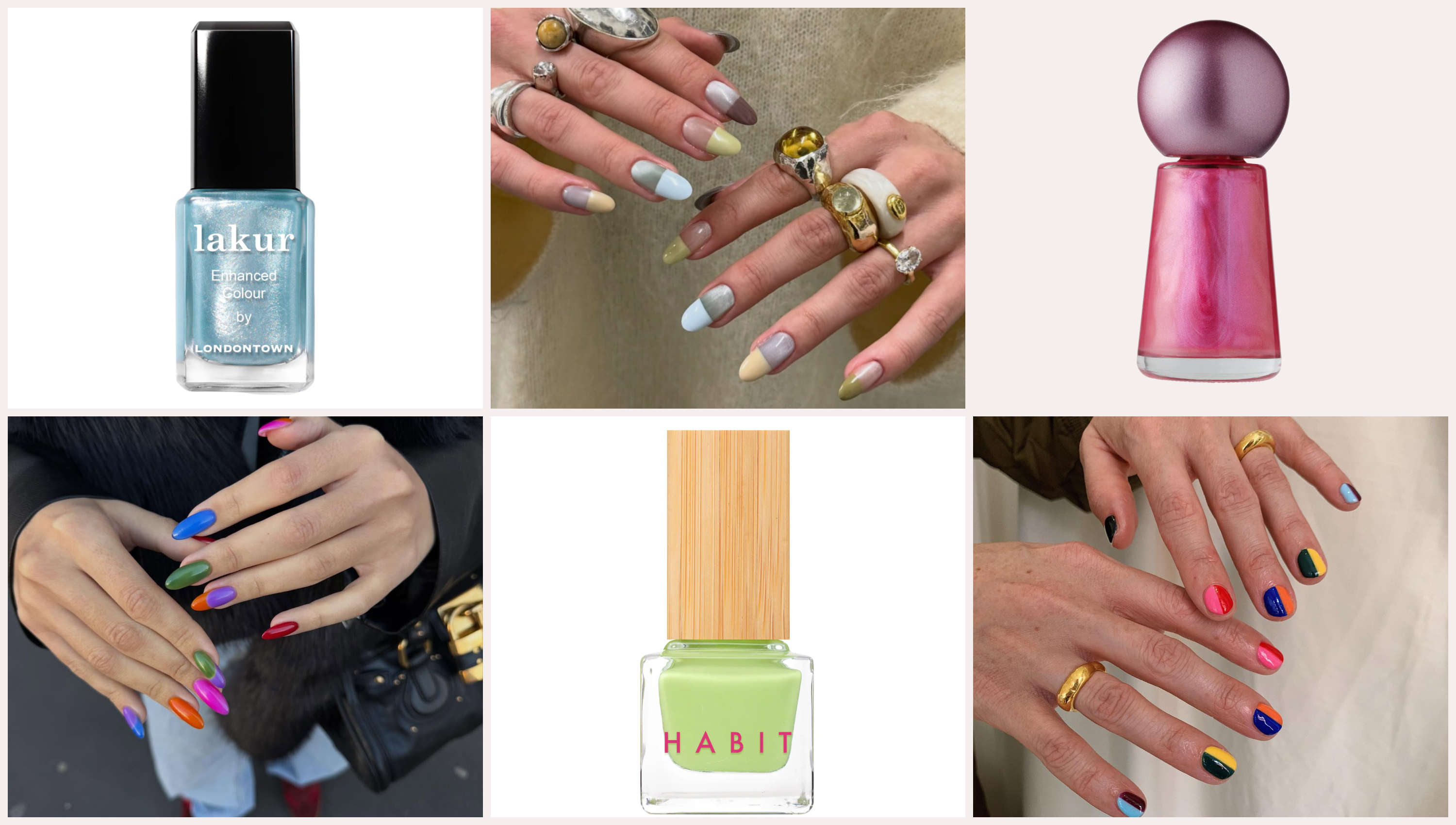 three nail polish bottles in green, blue, and purple, along with graphic pill box nail designs in varying colors