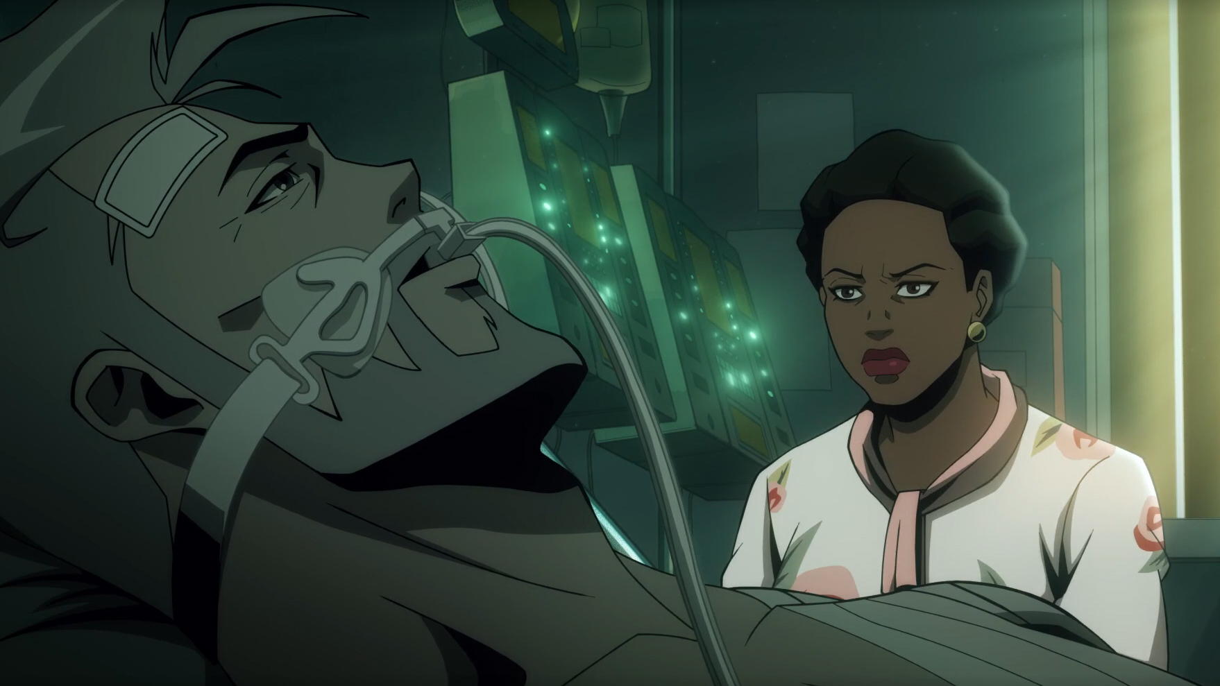 Rick Flag Sr. en una cama de hospital con un tubo en la garganta mientras Amanda Waller mira en Creature Commandos Episodio 7