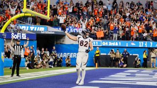 Broncos tight end Adam Trautman celebrates catching his touchdown pass in the fourth quarter during the Broncos 24-7 win over the Chargers at SoFi Stadium in Inglewood Sunday, Dec. 10, 2023