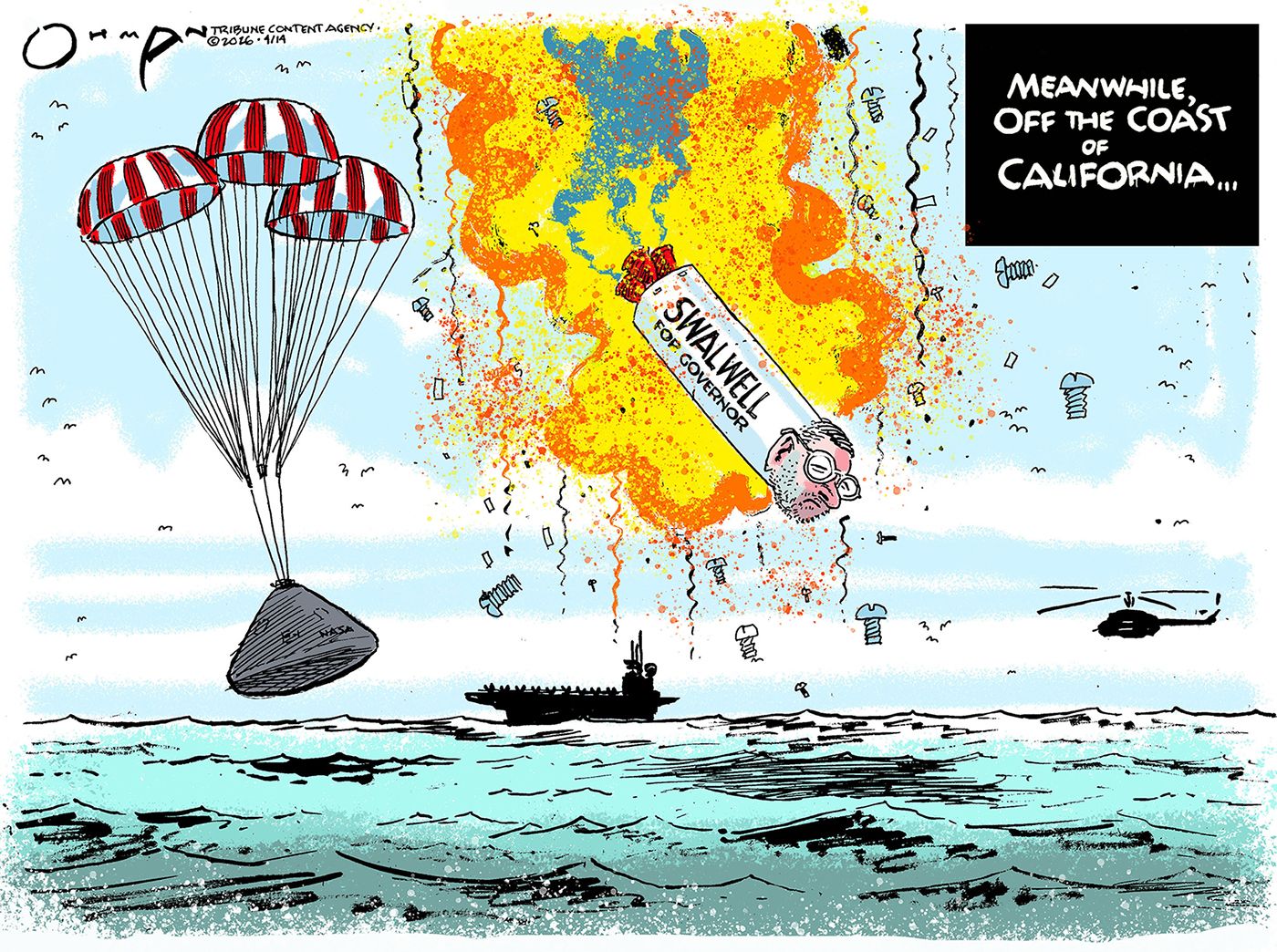 
                                This political cartoon titled "Meanwhile, off the coast of California..." depicts a NASA space capsule descending safely toward the ocean under three striped parachutes. Nearby, a rocket labeled "Swalwell for Governor" featuring the face of Eric Swalwell is shown exploding mid-air, raining down bolts and debris.
                            