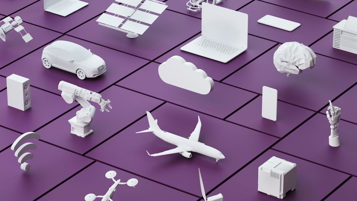 A series of IoT devices on purple cubes, representing the scope of the PSTI Act. The devices include a laptop, a car, a cloud symbol, a solar array, and a drone.