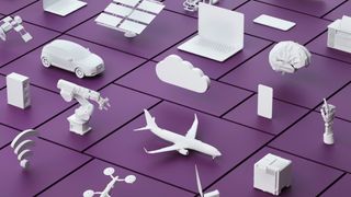 A series of IoT devices on purple cubes, representing the scope of the PSTI Act. The devices include a laptop, a car, a cloud symbol, a solar array, and a drone.