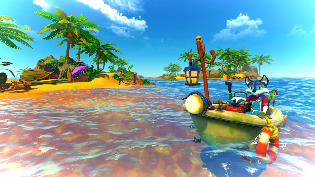 Critter Cove screenshot showing a blue anthropomorphic fox-like character sitting in a boat, blue skies and clear water surrounding him