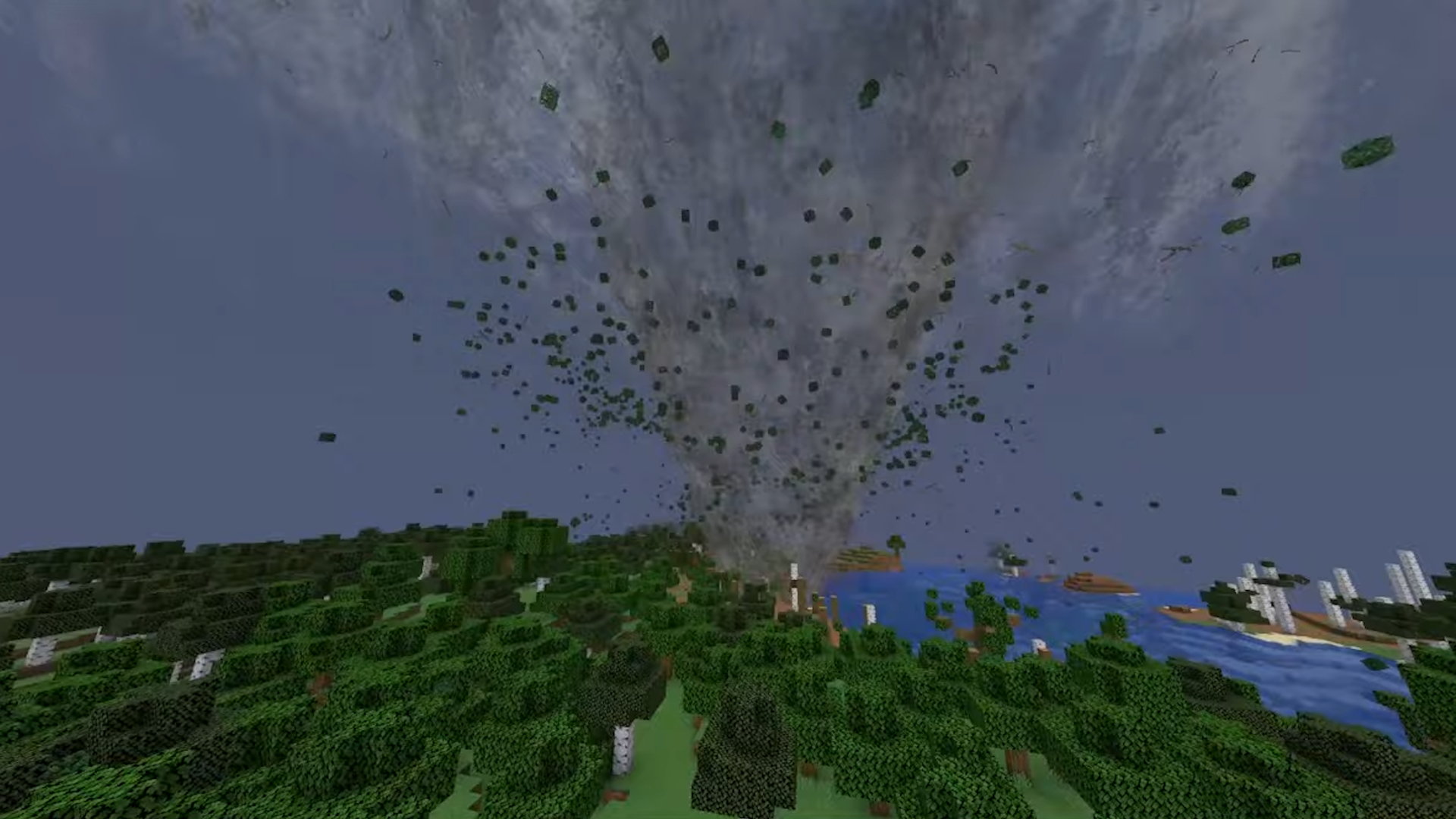 Minecraft Mods - the Weather Storms and Tornadoes mod tearing up the landscape with a tornado