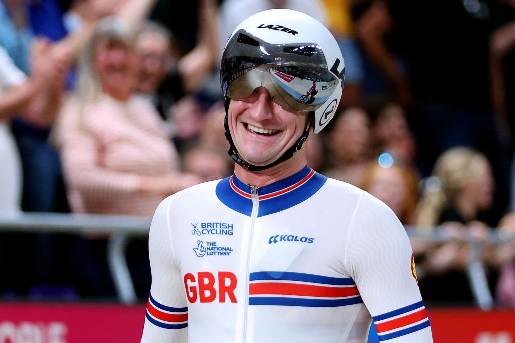 Track World Championships 2023: William Tidball (Great Britain) celebrates taking victory in the men's elite Scratch Race