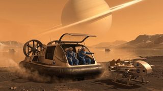 Artist's illustration of astronauts going mobile on Titan via a hovercraft and pulling up near NASA's robotic Dragonfly rotorcraft.