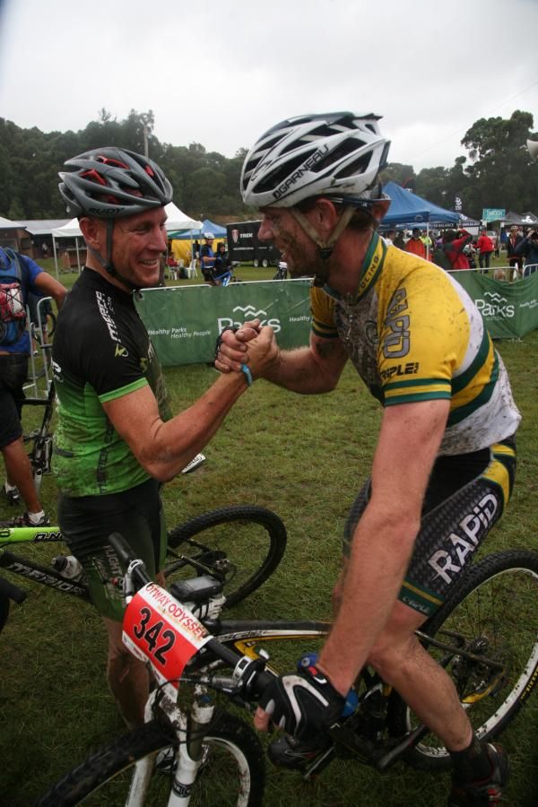Ben Mathers congratulates Chris Jongewaard at the finish.