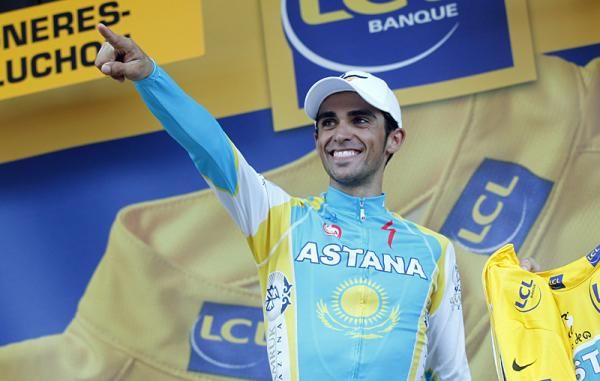 Alberto Contador (Astana) on the podium