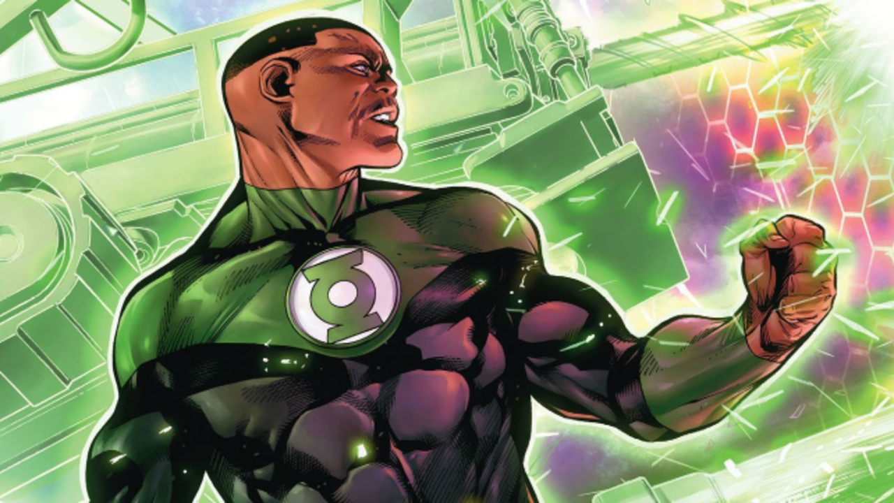 The Green Lantern John Stewart, shown summoning an energy shield using his power ring.