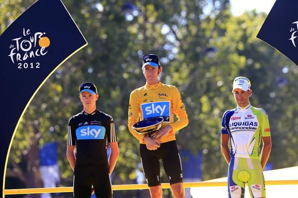 2012 Tour de France final podium (l-r): Chris Froome (Sky), Bradley Wiggins (Sky) and Vincenzo Nibali (Liquigas-Cannondale)