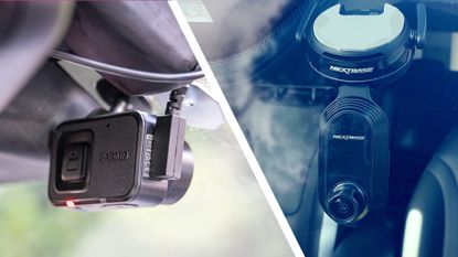 Garmin Dash Cam Mini 3 and Nextbase iQ dash cams mounted to vehicle windscreens