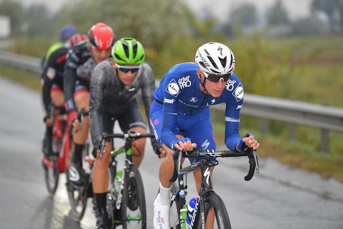 Quick-Step stagiaire Mikkel Honor&eacute; leads the breakaway at the 2018 Gran Piemonte