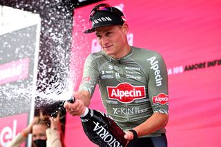 Mathieu van der Poel celebrates winning stage 1 and taking the first leader's jersey at the Giro d'Italia