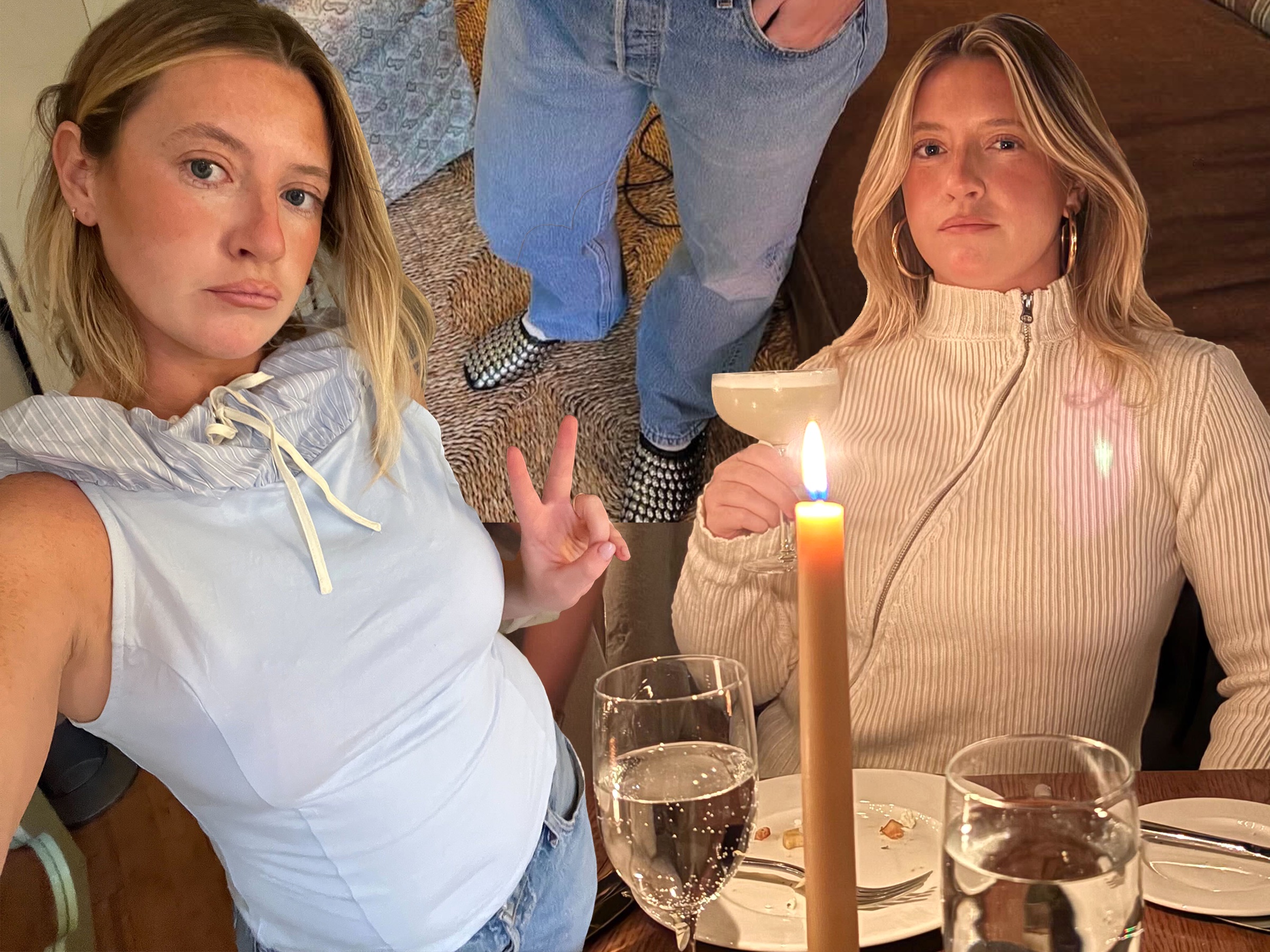 New York City style and beauty influencer Martine Lavelle wearing spring outfits with a blue Belle Ciel sleeveless top, Levi's jeans, studded Tory Burch flats, Gimaguas zipper sweater, large hoop earrings, lip liner, and bronzer.