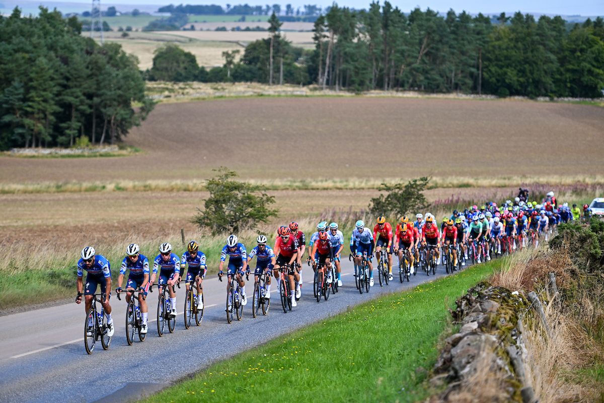 Picture by Will Palmer/SWpix.com - 03/09/2024 - Lloyds Bank Tour of Britain 2024 - Stage 1: The Scottish Borders Stage, Kelso to Kelso, Scotland - Gianni Moscon (Soudal Quick-Step), Martin Svrcek (Soudal Quick-Step), Paul Magnier (Soudal Quick-Step), Gil Gelders (Soudal Quick-Step), Remco Evenepoel (Soudal Quick-Step), Julian Alaphilippe (Soudal Quick-Step) lead the peloton