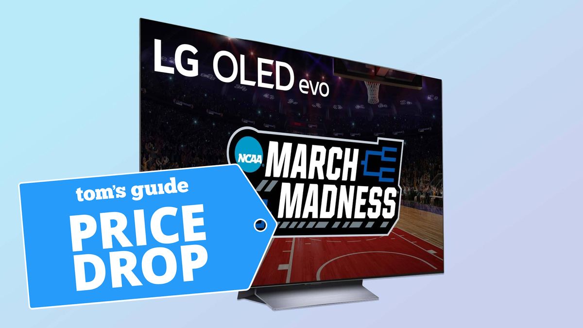 An LG OLED TV with a March Madness logo on it, with a Tom&#039;s Guide Price Drop sticker in the corner, all on top of a blue background