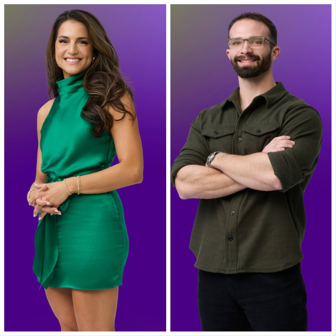 a split image of sarah williams wearing a green cocktail dress and john shannon in a green polo folding his arms in a promo shot for love is blind season 11