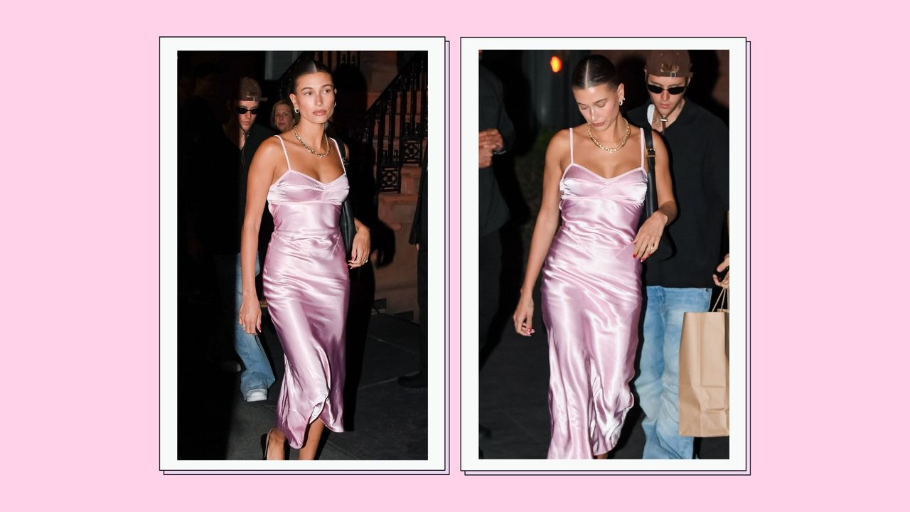 Hailey Bieber&#039;s pink slip dress/ Hailey pictured wearing a pink slip dress while out for dinner in West Village on June 17, 2023 in New York City. / in two-picture pink template